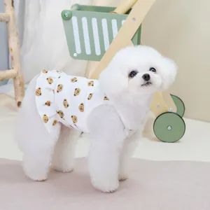 White pet dress with brown bear prints and ruffled hem for small dogs and cats