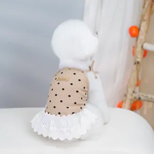 Close-up of khaki polka dot pet dress with lace trim and leather tag on a white dog