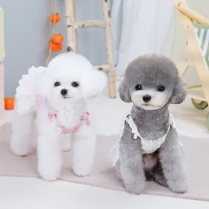 Floral pet dress with lace trim and shoulder bows for small dogs and cats