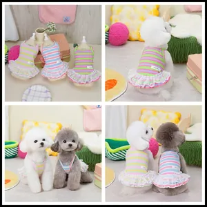 Cute Rainbow Striped Pet Dress Cotton Blend Lace Hem Princess Puppy Kitten Summer Apparel Breathable Dog Cat Clothes