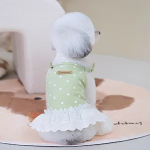 Close-up of green polka dot pet dress with white lace hem and leather brand tag