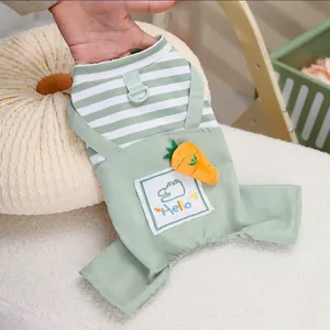 Mint green striped pet four-leg jumpsuit with carrot decor and D-ring harness attachment
