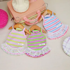 Striped pet cotton dresses with delicate lace hem in pink, green and blue colors