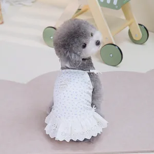 Detail of floral pet dress featuring double-layer lace hem and functional metal D-ring