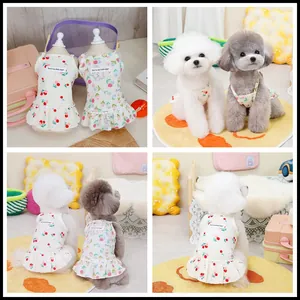Summer Pet Dog Princess Dress Cotton Cherry Floral Print Puppy Skirt With Ruffle Hem Little Angel Tag For Small Dogs Cats