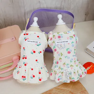 Cute cherry and floral pet sundresses for cats and dogs with white lace hem and angel patch