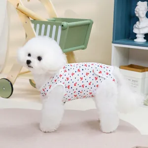 Detail of nautical cat recovery suit with red anchor and blue stars on a white dog