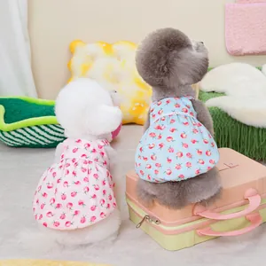 Rosa und blaue Haustierkleider mit Kirschmuster und Spitze für kleine Hunde