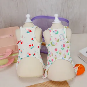 Breathable cotton pet summer vests with cherry and tulip prints on white fabric