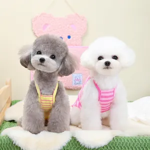Striped pet vest for small dogs made of breathable knit fabric in yellow and pink colors