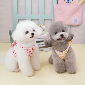 Pink and yellow heart patterned pet bandanas on poodles against a cozy scenic background