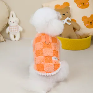 Orange and white checkered fleece pet vest with metal D-ring for dogs and cats