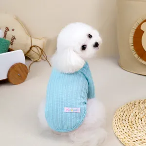 Sky blue knit pet turtleneck sweater with vertical ribbed texture on a small white dog