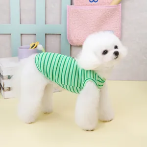 Détail de la veste rayée verte pour chien sur un petit chien blanc en maille respirante