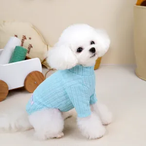 Close-up of a blue knitted high-neck pet sweater featuring classic vertical ribbing texture