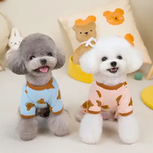 Hunde-Schlafanzug in Pink und Blau mit Bärenprint und geripptem braunem Besatz