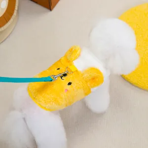 Soft yellow teddy fleece pet vest with bear ears and leash for small dogs and cats