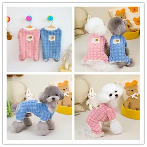 Mono de Invierno Cálido para Mascotas de Peluche Esquilado Pijama para Perro Con Parche de Oso de Dibujos Animados Textura de Cuadrícula Ropa para Perros Pequeños Gatos