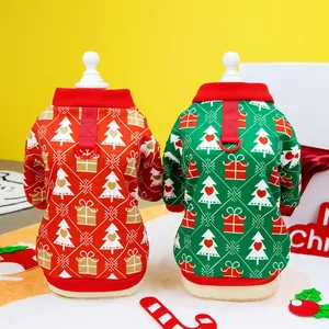 Christmas Pet Hoodie Dog Sweater With Leash D-Ring Festive Argyle Pattern Milk Silk Printed Cat Clothing Green Red