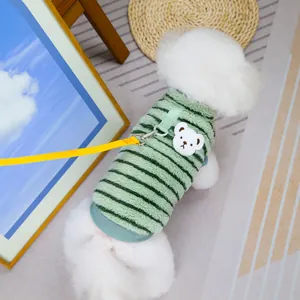 Striped green fleece dog sweater with cute bear patch and yellow leash for small pets