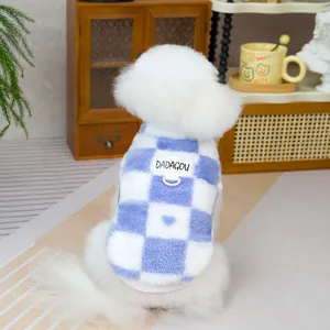 Blue and white checkered dog fleece vest with heart patterns and D-ring attachment