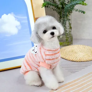 Pink and white striped plush pet sweater with cute bear patch for small dogs and cats