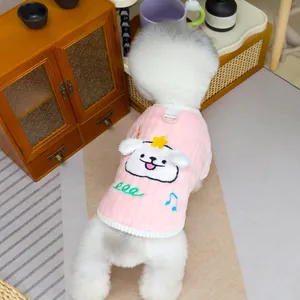 Pink fleece pet warm vest with cute embroidery and built-in metal D-ring for leash