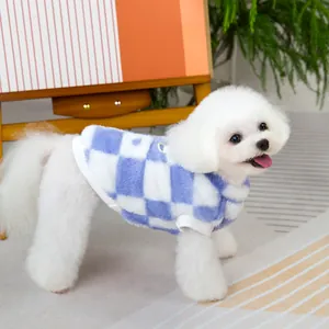 Close-up of blue checkerboard pet fleece sweater with soft plush texture for small dogs