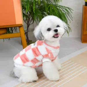 Pink and white checkered plush pet sweater for small dogs with soft fleece texture