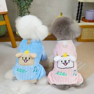 Tuta calda in pile per cani con ricamo cartoon e anello a D in rosa e blu per l'inverno