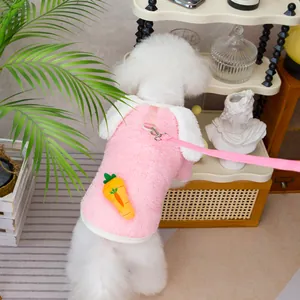 Pink plush pet vest with 3D carrot decoration and fleece details for small dogs