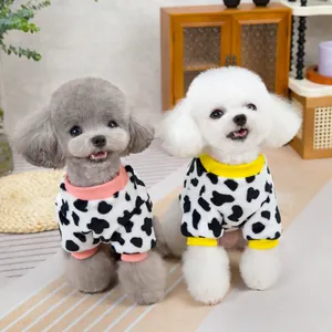 Cozy cow pattern pet fleece sweaters with pink and yellow ribbed trim for small dogs