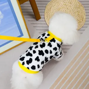 Cow pattern fleece dog vest with yellow trim and leash D-ring for small pets