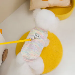 Rainbow striped pet knit sweater with leash ring and yellow leash for small dogs and cats