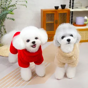 Plush pet jumpsuits in red and khaki for small dogs, warm fleece winter clothing