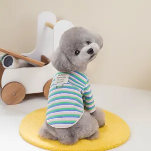 Colorful striped pet t-shirt for cats and dogs with a metal D-ring for leash attachment