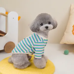 Close-up of soft striped cotton knit fabric and square label on pet t-shirt