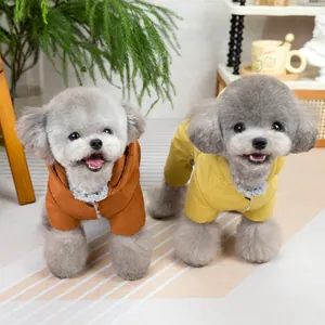 Padded pet hoodies with fur collar in orange and yellow colors for small dogs and cats