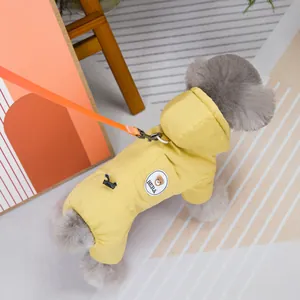 Yellow pet hooded jumpsuit with bear embroidery and leash for small dogs and cats