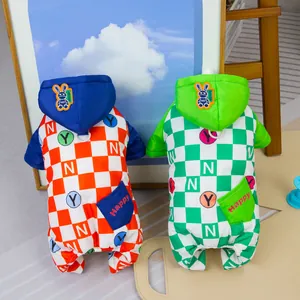 Winter Pet Jumpsuit Waterproof Nylon Padded Cotton Coat With Polar Fleece Lining Checkerboard Pattern Hooded Dog Clothes
