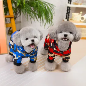 Blue and red camouflage hooded pet coats for small dogs in cozy cotton blend fabric