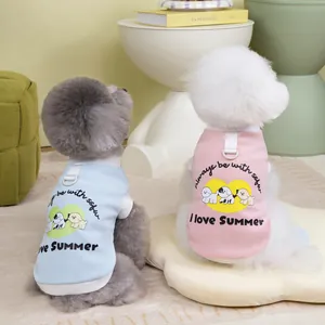 Pastel pet t-shirts with cartoon dogs and D-ring leash attachment for small dogs