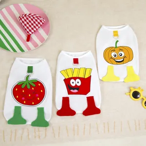 Three-piece pet vest set with cute cartoon strawberry, fries, and pumpkin 3D designs