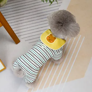 Combinaison rayée pour chien avec col jaune, broderie ours et anneau de laisse en D