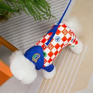Red and white checkered pet hooded coat with blue trim and cute rabbit patch on back