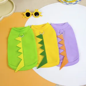 Cute Pet Dog Cat Dinosaur Costume Waffle Knit Vest Sleeveless Puppy T-Shirt With Leash D-Ring Polyester Pet Clothing