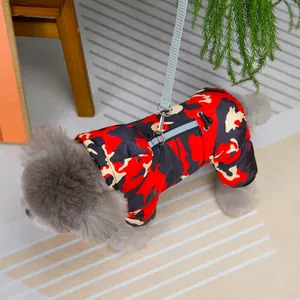 Dog camouflage four-legged padded coat with harness D-ring and reflective striping