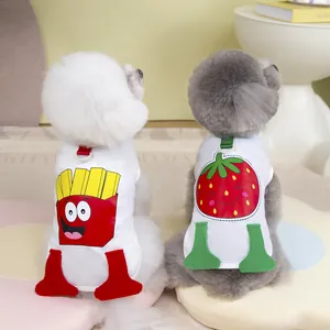 Breathable cotton pet vest with cartoon strawberry and fries motifs for small dogs