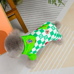 Green and white checkerboard pet jumpsuit with hooded design and cartoon bunny patch