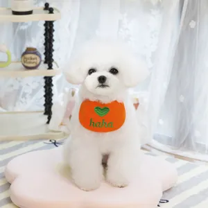 Detail eines orangenen Haustier-Lätzchens mit grünem Herz auf einem Bichon-Hund